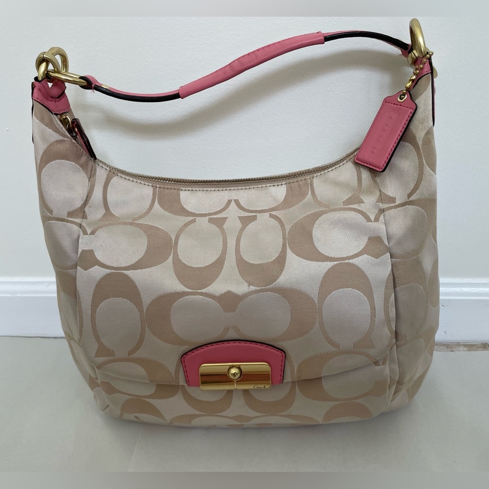 Coach F 22310 Kristin  Signature Hobo ,Tan and pink .